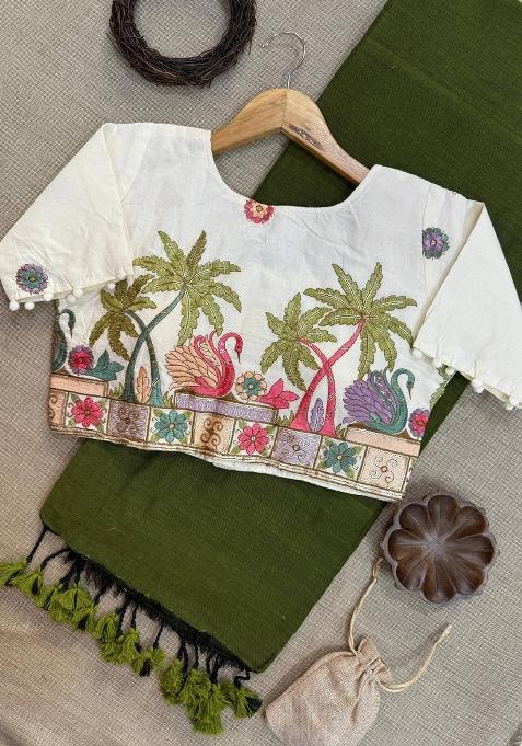 Green Handloom Khadi Cotton Silk Saree Set