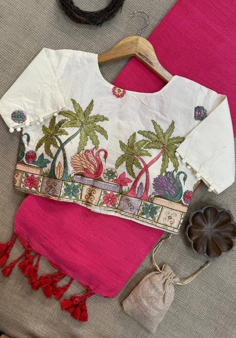 Pink Handloom Khadi Cotton Silk Saree Set