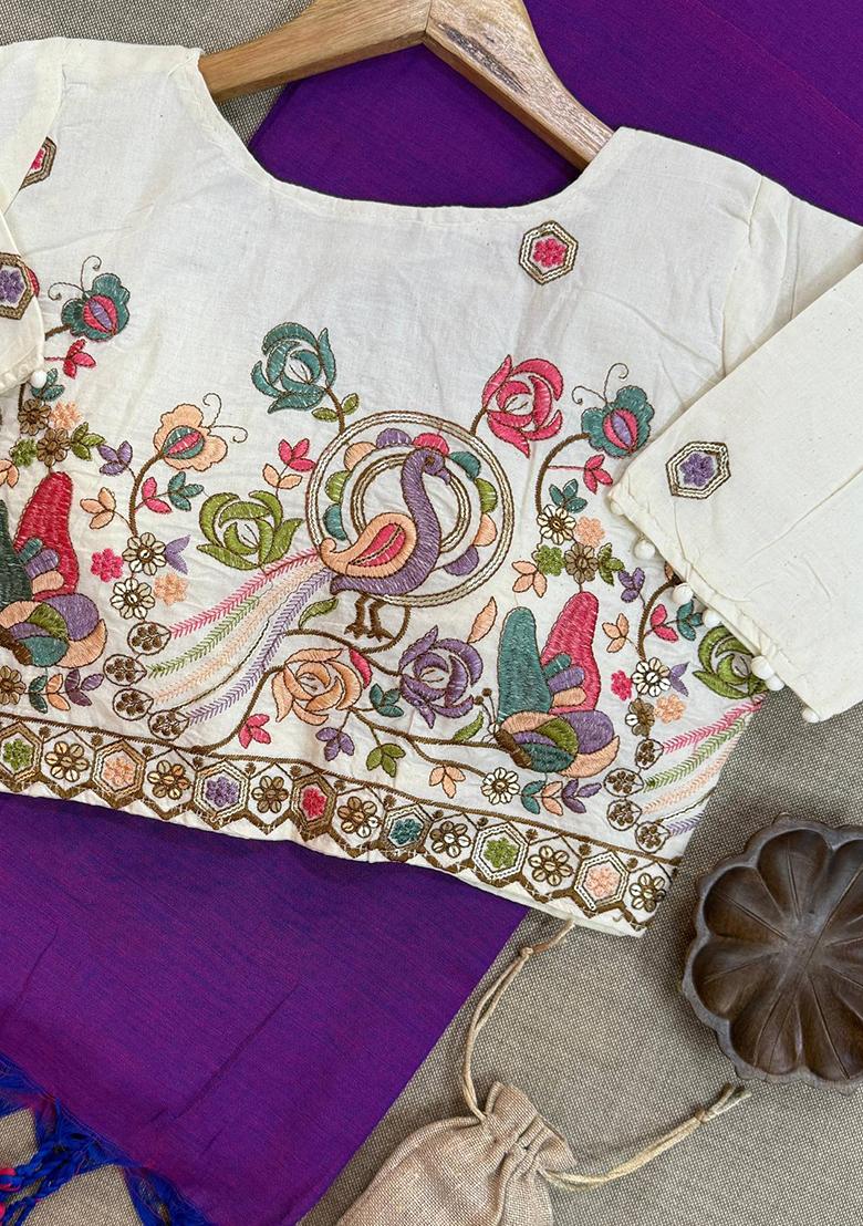 Purple Handloom Khadi Cotton Silk Saree Set - Indya