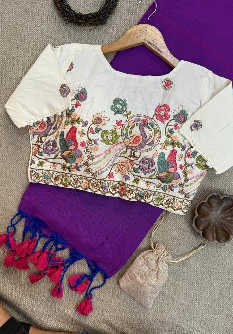 Purple Handloom Khadi Cotton Silk Saree Set