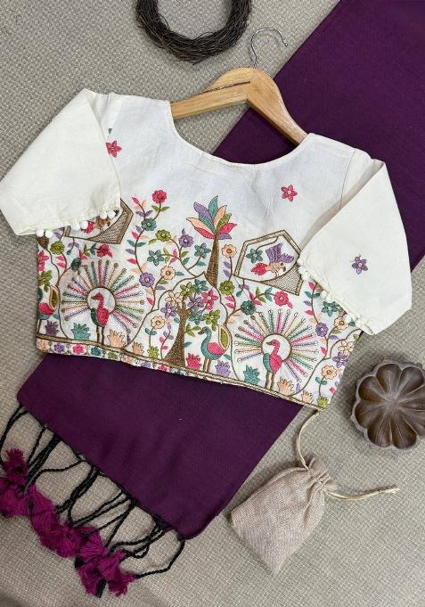 Wine Handloom Khadi Cotton Silk Saree Set