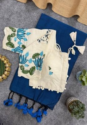 Blue Handloom Khadi Cotton Silk Blend Saree Set
