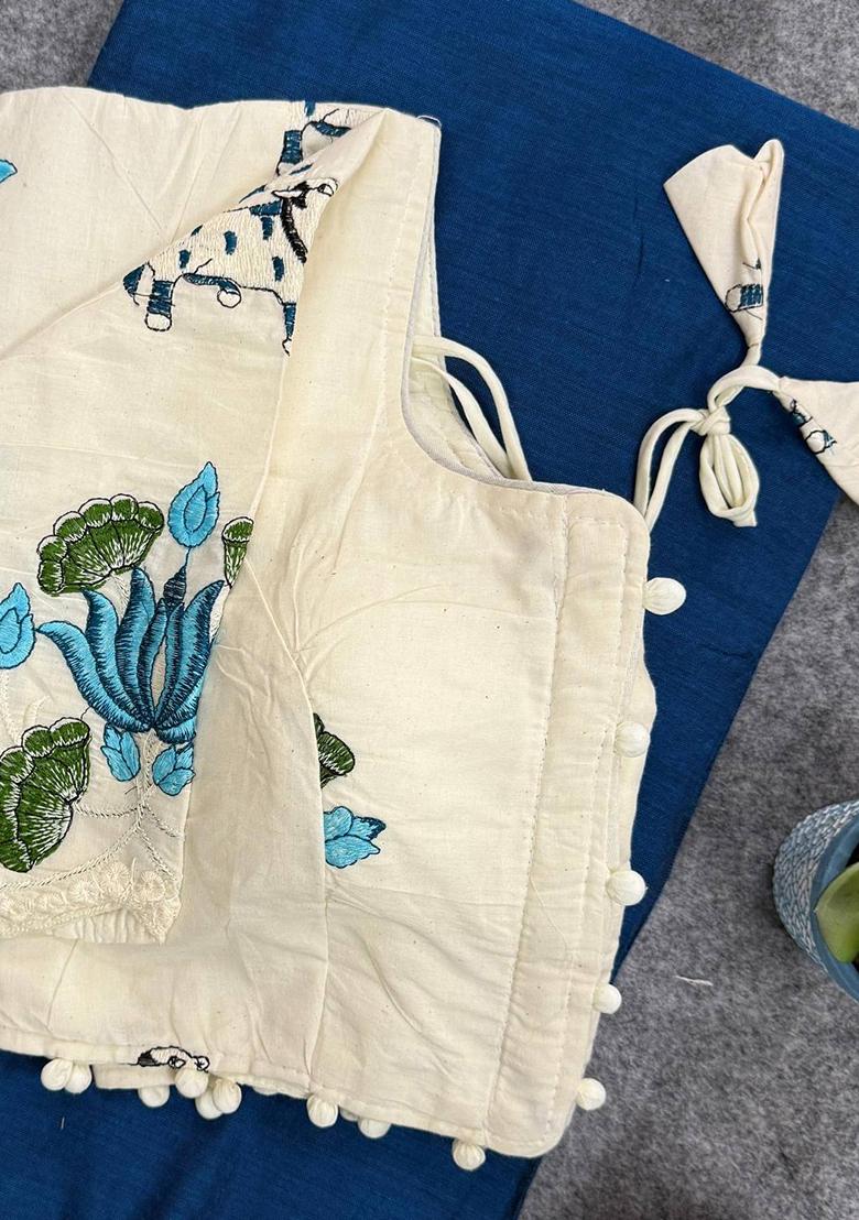 Blue Handloom Khadi Cotton Silk Saree Set - Indya