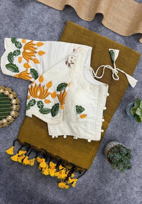 Gold Handloom Khadi Cotton Silk Saree Set