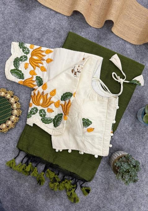 Mahendi Handloom Khadi Cotton Silk Saree Set