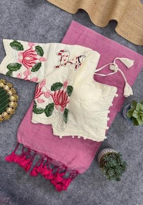 Pink Handloom Khadi Cotton Silk Saree Set