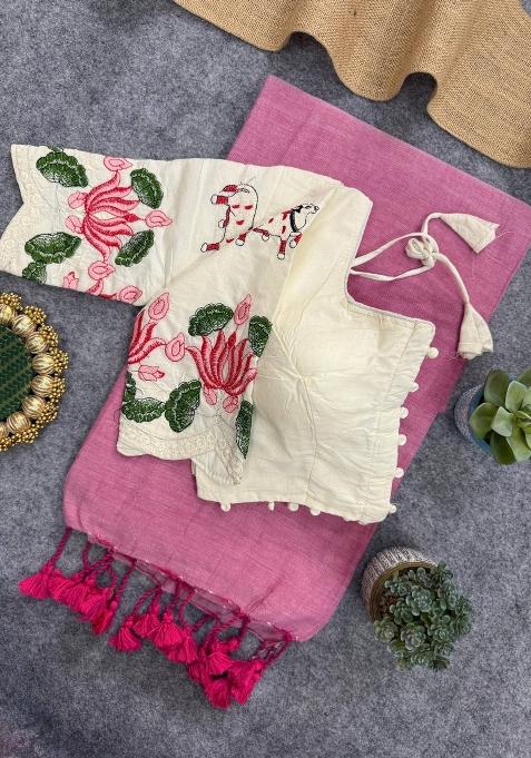 Pink Handloom Khadi Cotton Silk Saree Set