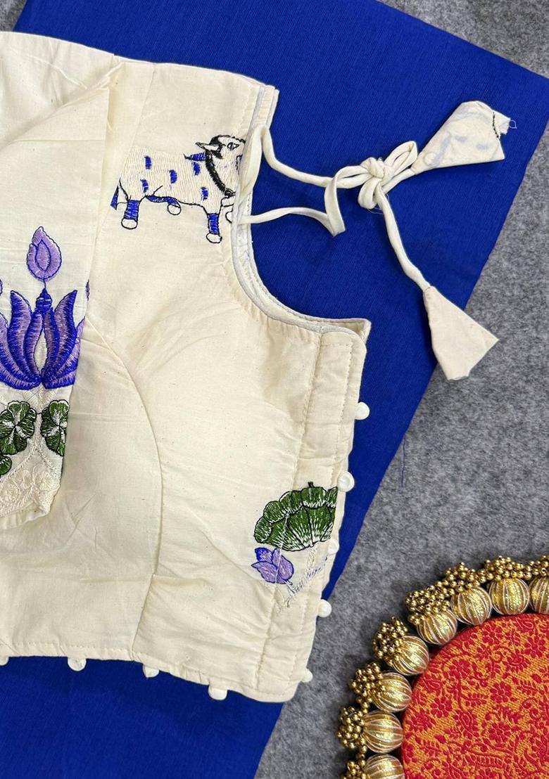 Royal Blue Handloom Khadi Cotton Silk Saree Set - Indya