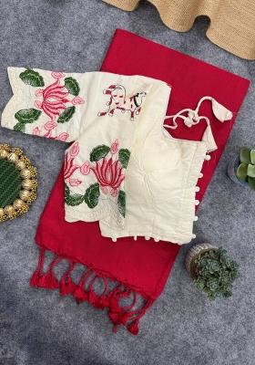 Red Handloom Khadi Cotton Silk Saree Set