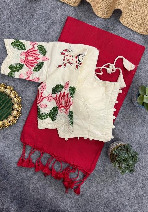 Red Handloom Khadi Cotton Silk Saree Set