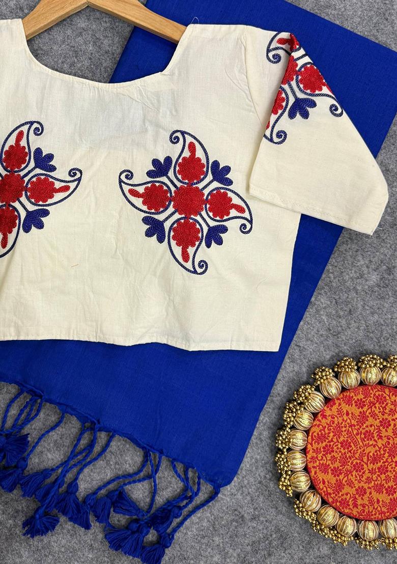 Royal Blue Handloom Khadi Cotton Silk Saree Set - Indya