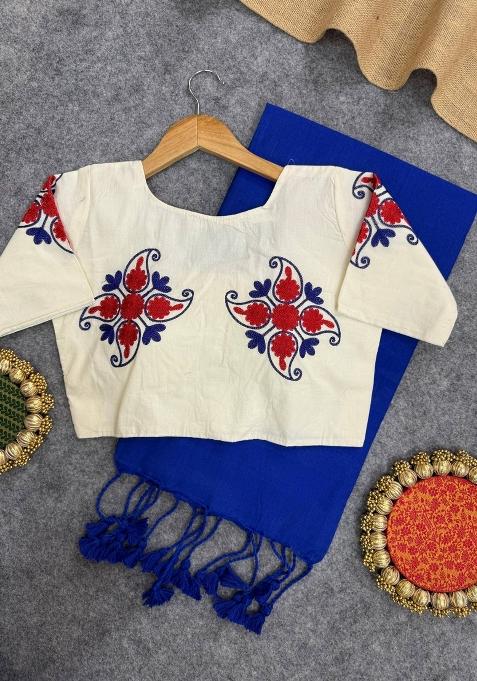 Royal Blue Handloom Khadi Cotton Silk Saree Set