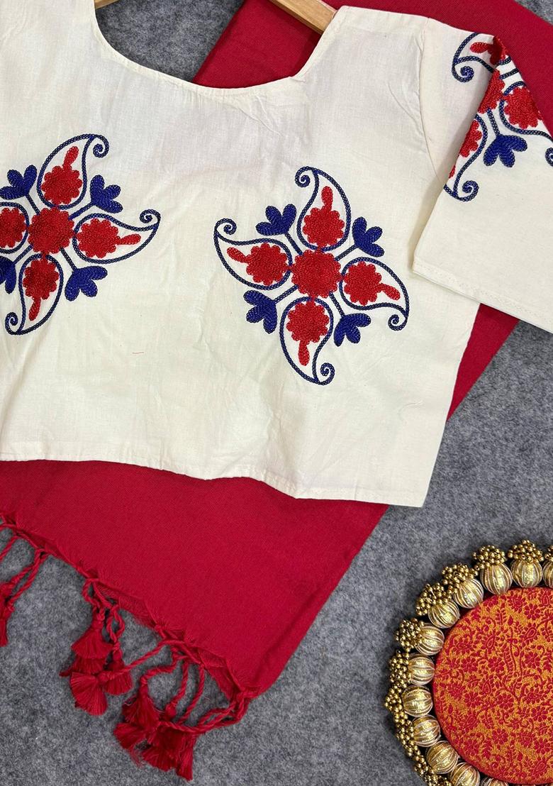 Red Handloom Khadi Cotton Silk Saree Set - Indya