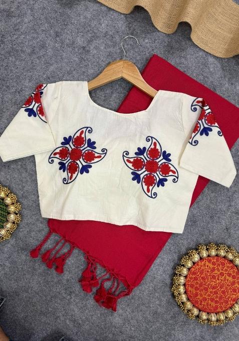 Red Handloom Khadi Cotton Silk Saree Set