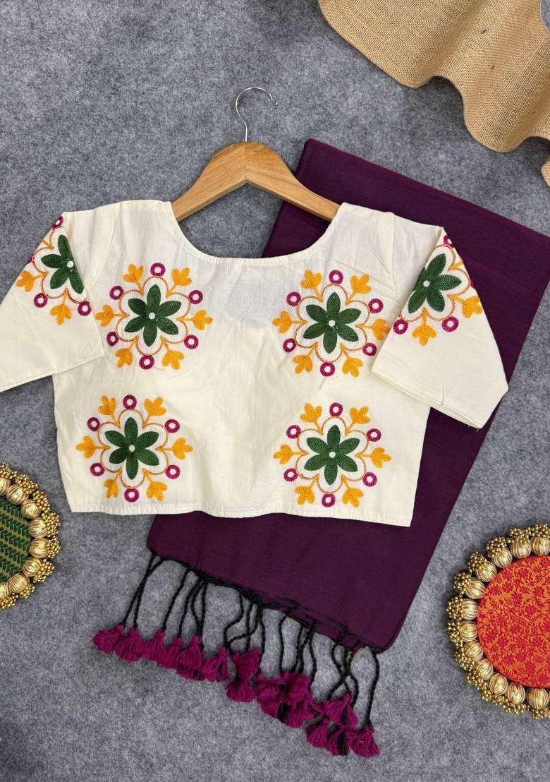 Wine Handloom Khadi Cotton Silk Saree Set - Indya