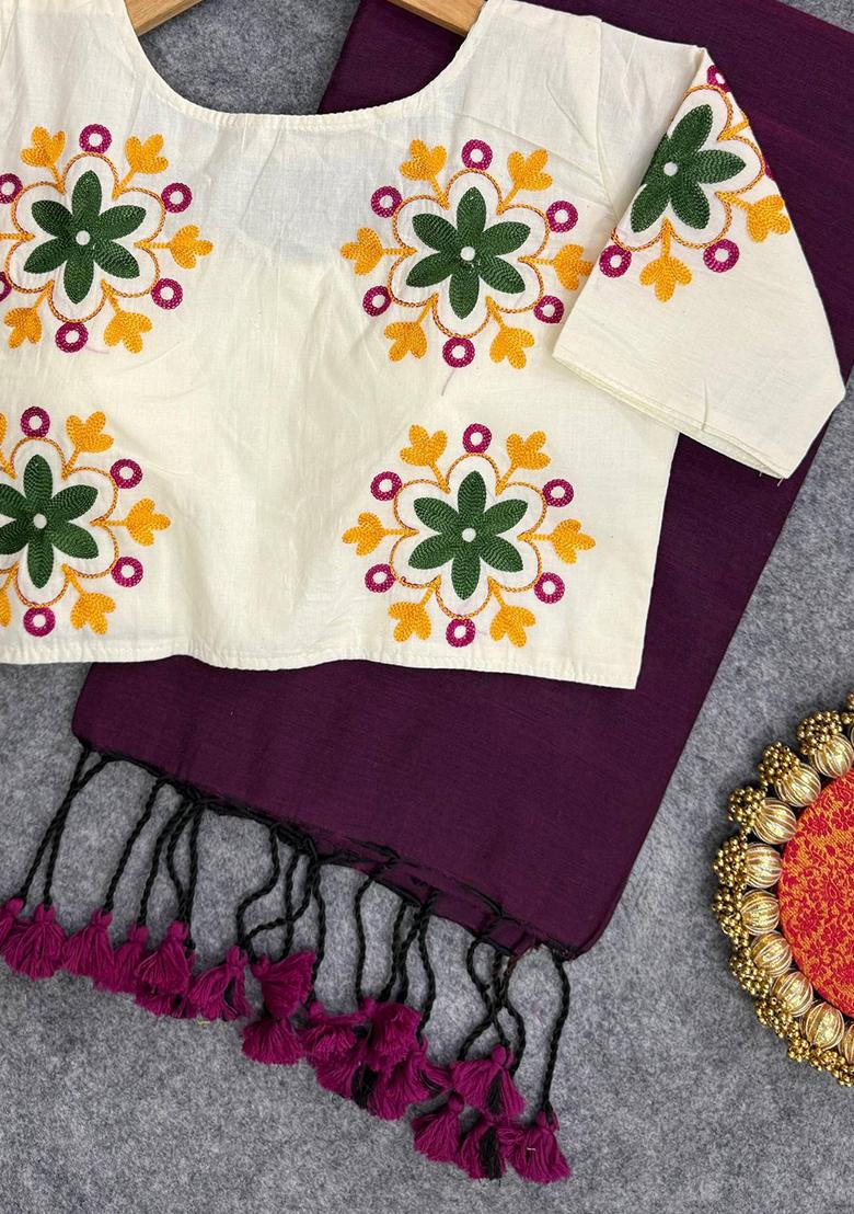 Wine Handloom Khadi Cotton Silk Saree Set - Indya