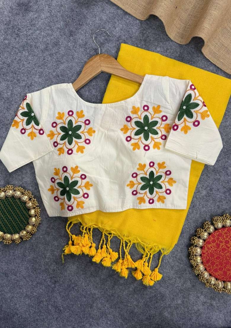 Yellow Handloom Khadi Cotton Silk Saree Set - Indya