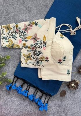 Blue Handloom Khadi Cotton Silk Saree Set