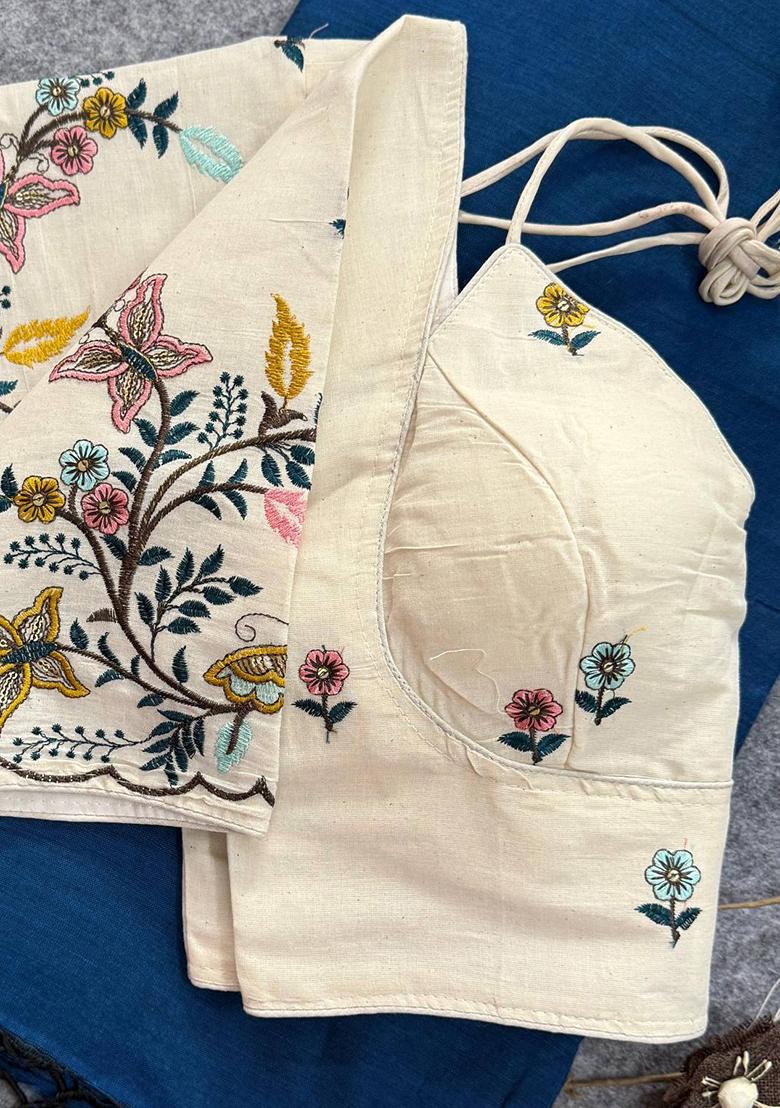 Blue Handloom Khadi Cotton Silk Saree Set - Indya