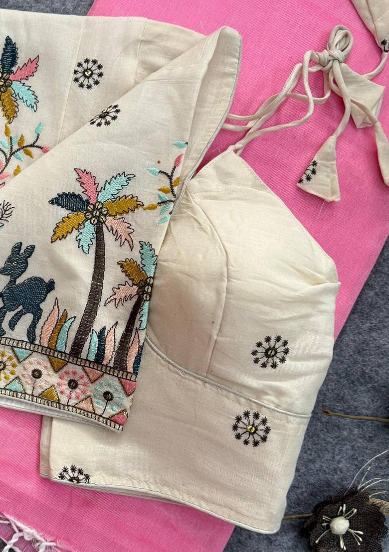 Baby Pink Handloom Khadi Cotton Silk Saree Set - Indya