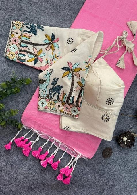 Baby Pink Handloom Khadi Cotton Silk Saree Set