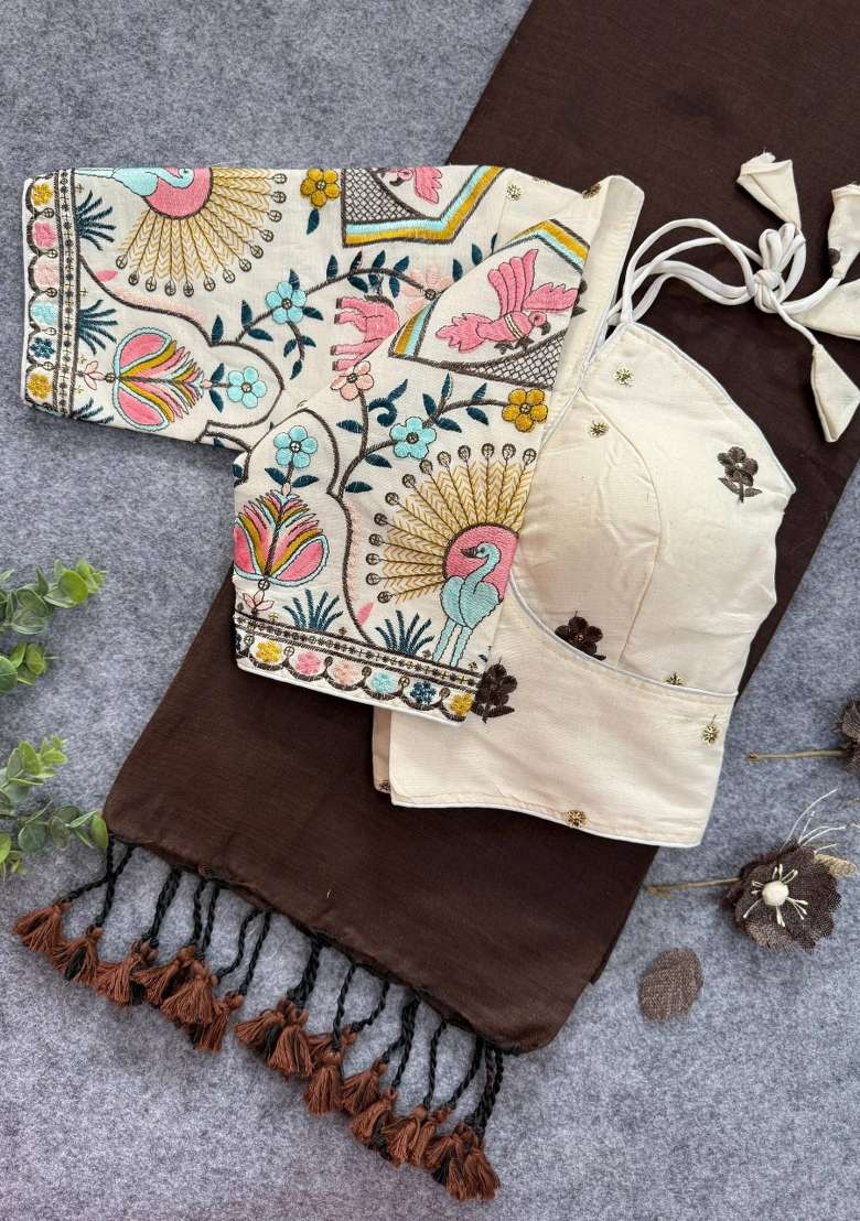 Coffee Handloom Khadi Cotton Silk Saree Set - Indya