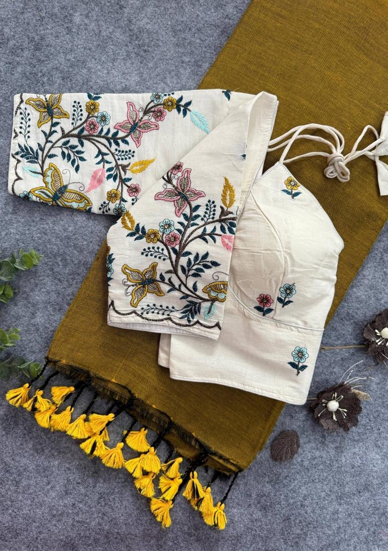 Gold Handloom Khadi Cotton Silk Saree Set