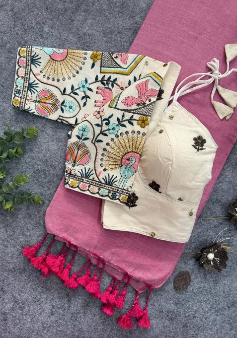 Pink Handloom Khadi Cotton Silk Saree Set