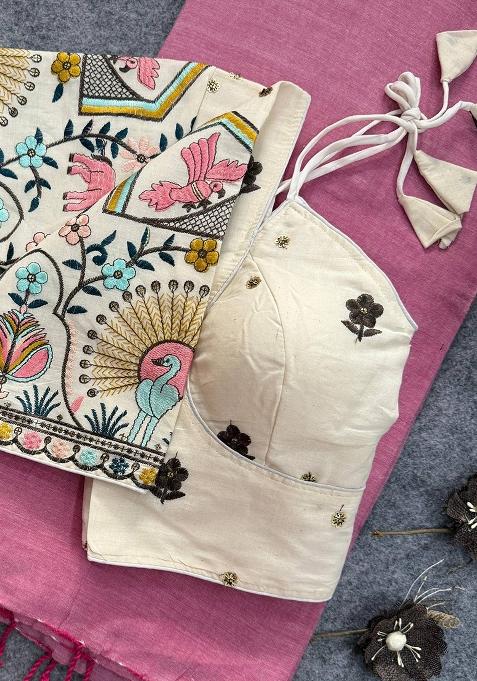 Pink Handloom Khadi Cotton Silk Saree Set