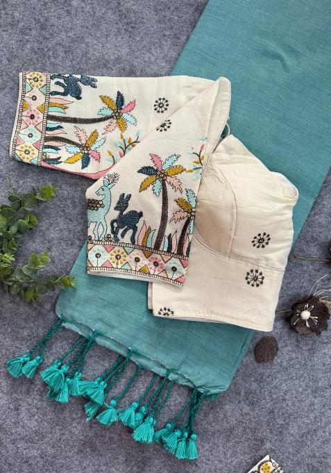 Pista Handloom Khadi Cotton Silk Saree Set