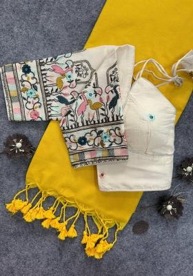 Yellow Handloom Khadi Cotton Silk Saree Set