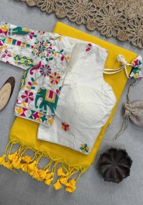 Yellow Handloom Khadi Cotton Silk Saree Set