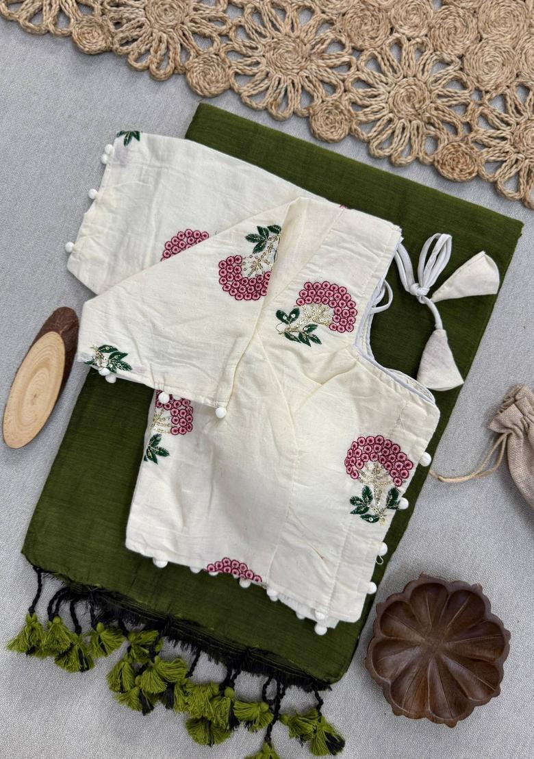 Green Handloom Khadi Cotton Silk Saree Set