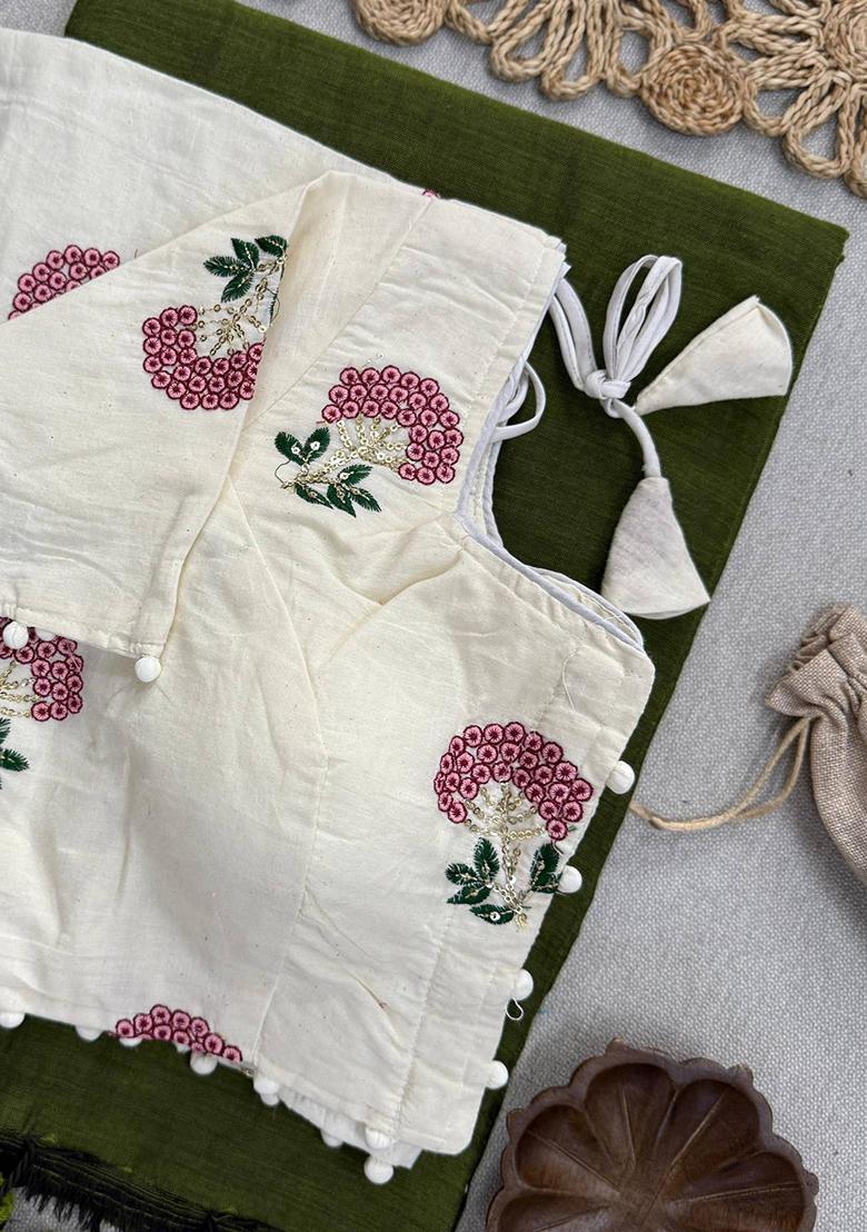 Green Handloom Khadi Cotton Silk Saree Set - Indya