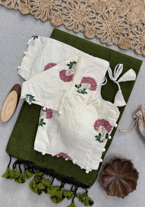 Green Handloom Khadi Cotton Silk Saree Set