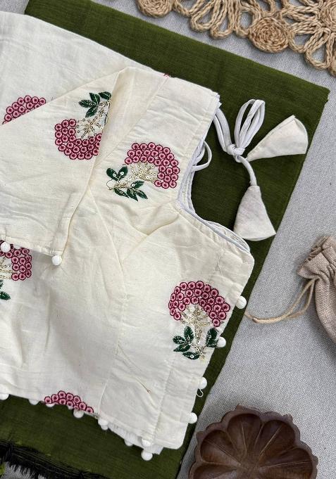 Green Handloom Khadi Cotton Silk Saree Set