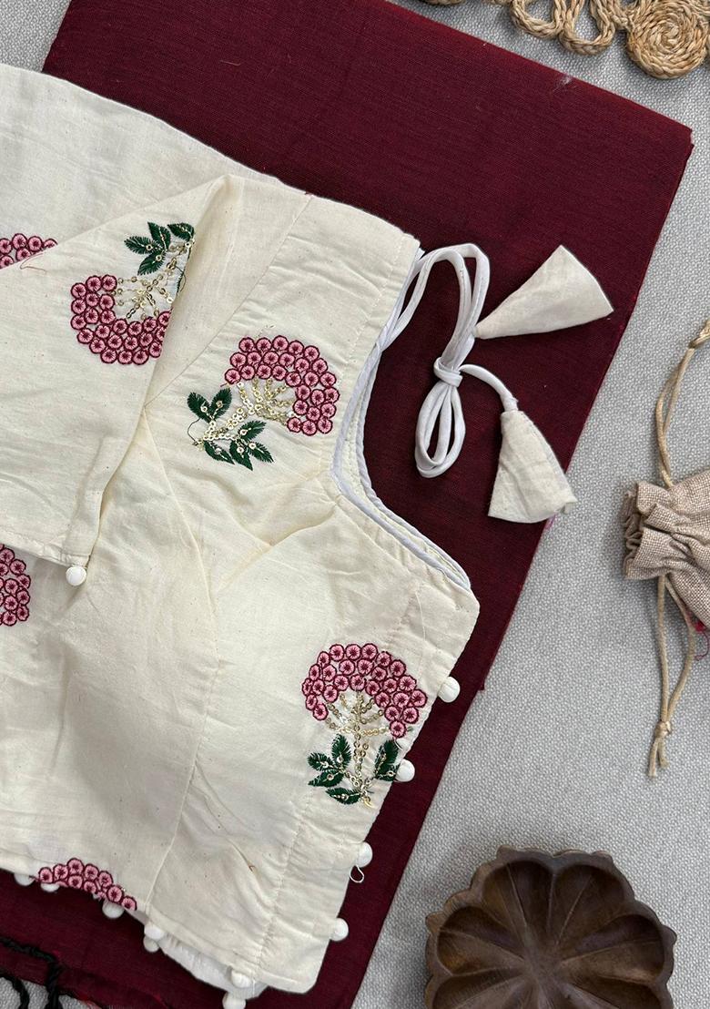 Maroon Handloom Khadi Cotton Silk Saree Set - Indya