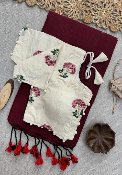 Maroon Handloom Khadi Cotton Silk Saree Set