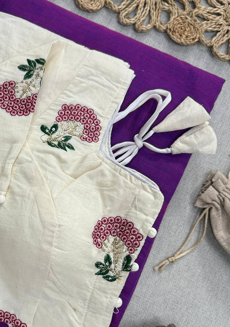 Violet Handloom Khadi Cotton Silk Saree Set - Indya