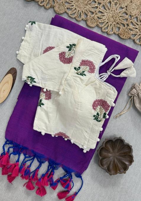 Violet Handloom Khadi Cotton Silk Saree Set