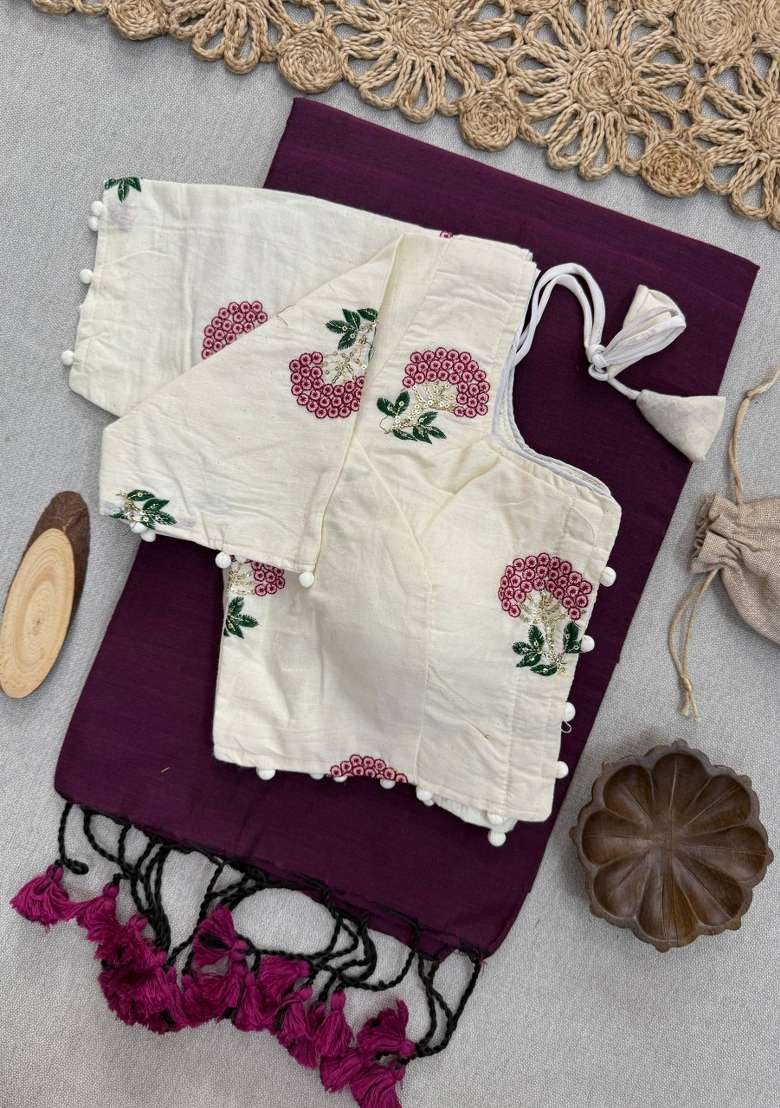 Wine Handloom Khadi Cotton Silk Saree Set - Indya