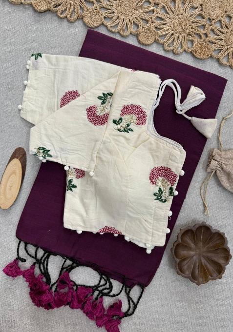 Wine Handloom Khadi Cotton Silk Saree Set