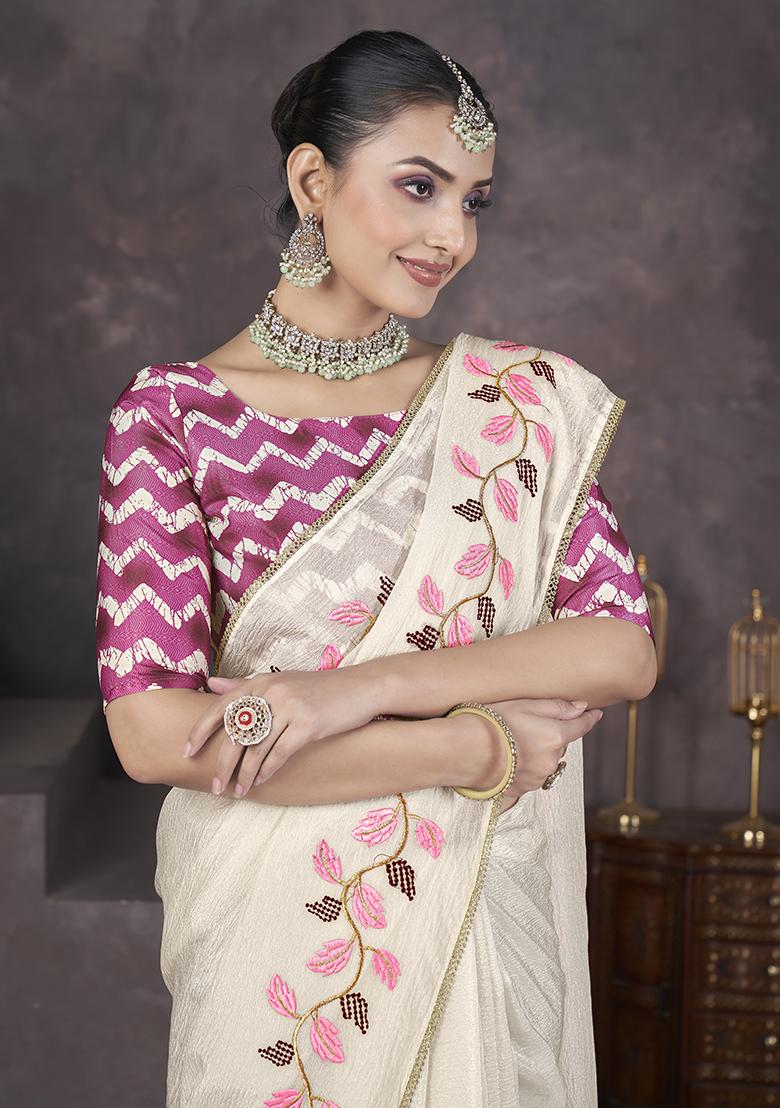 Cream Embroidery Work Soft Crush Georgatte Saree Set - Indya