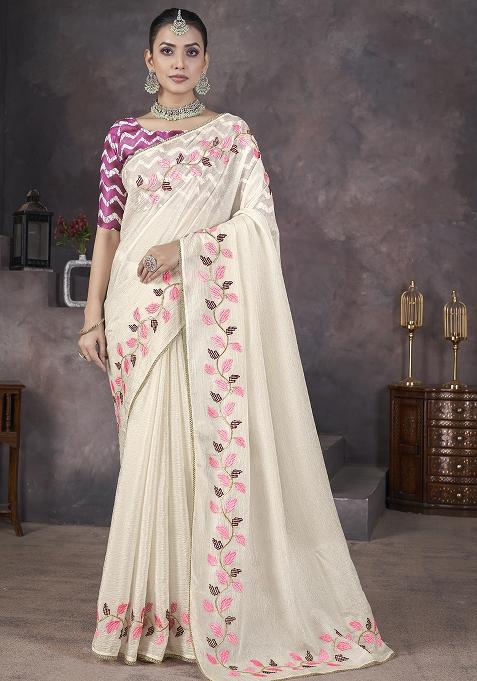 Cream Embroidery Work Soft Crush Georgatte Saree Set