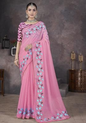Pink Embroidery Work Soft Crush Georgatte Saree Set