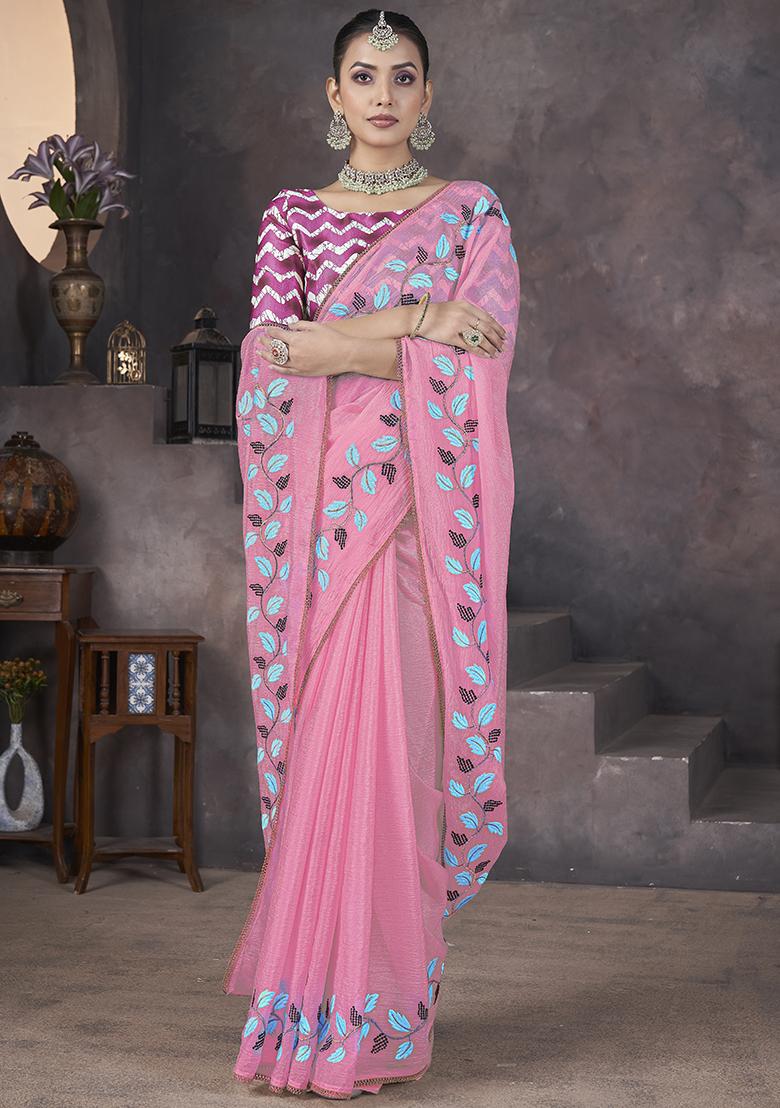 Pink Embroidery Work Soft Crush Georgatte Saree Set - Indya