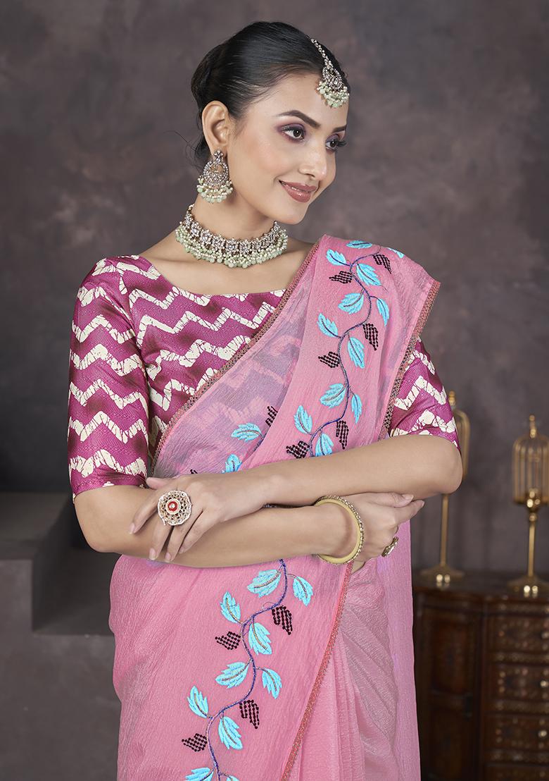 Pink Embroidery Work Soft Crush Georgatte Saree Set - Indya