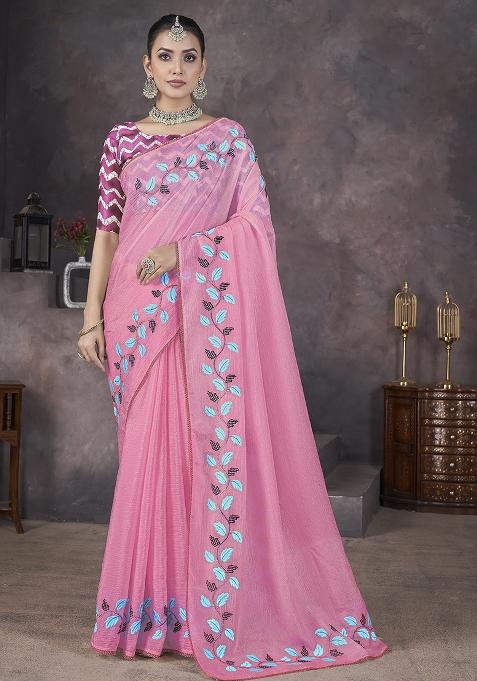 Pink Embroidery Work Soft Crush Georgatte Saree Set