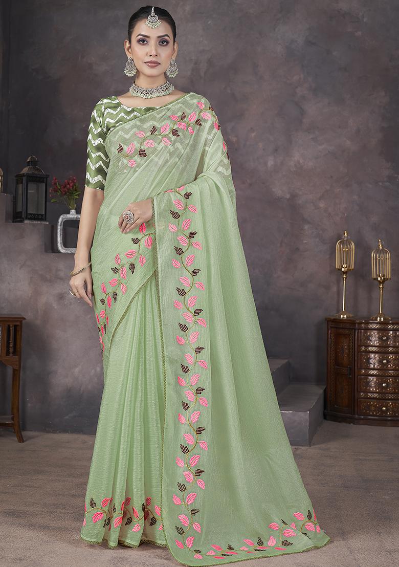 Light Green Embroidery Work Soft Crush Georgatte Saree Set