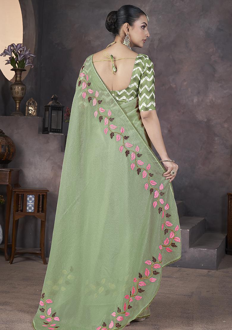 Light Green Embroidery Work Soft Crush Georgatte Saree Set